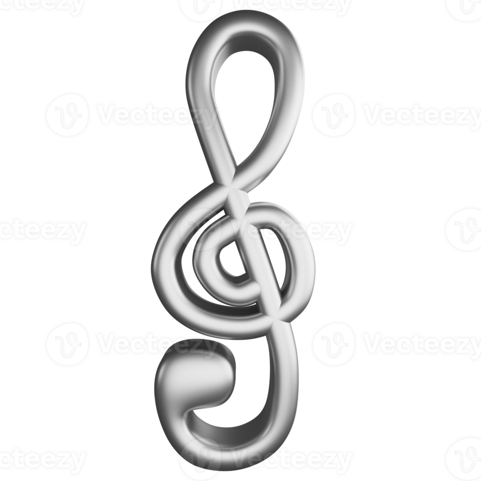Treble clef or G clef note metallic silver clipart flat design icon isolated on transparent background, 3D render entertainment and music concept png