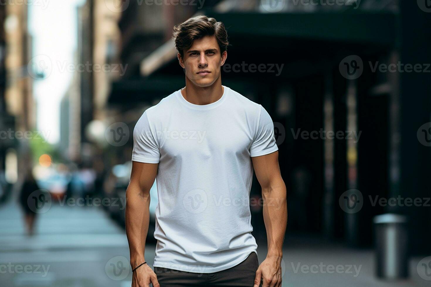 AI generated Male Model Stands Out in Classic White T-shirt. photo