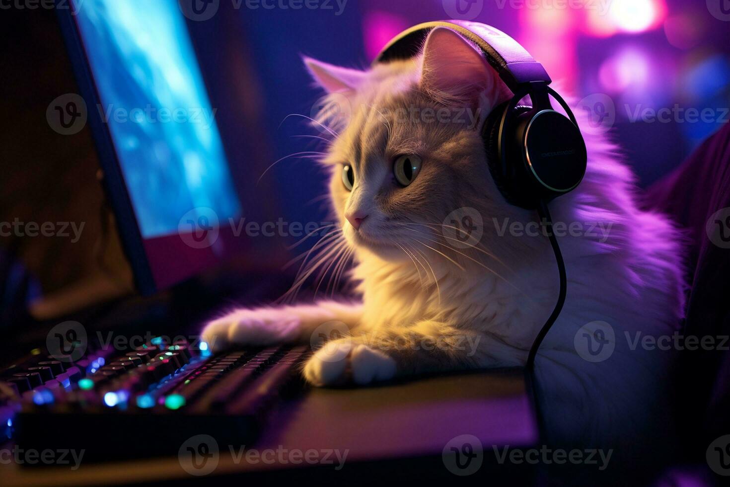 AI generated Cat with Headphones in Gaming Setup. photo