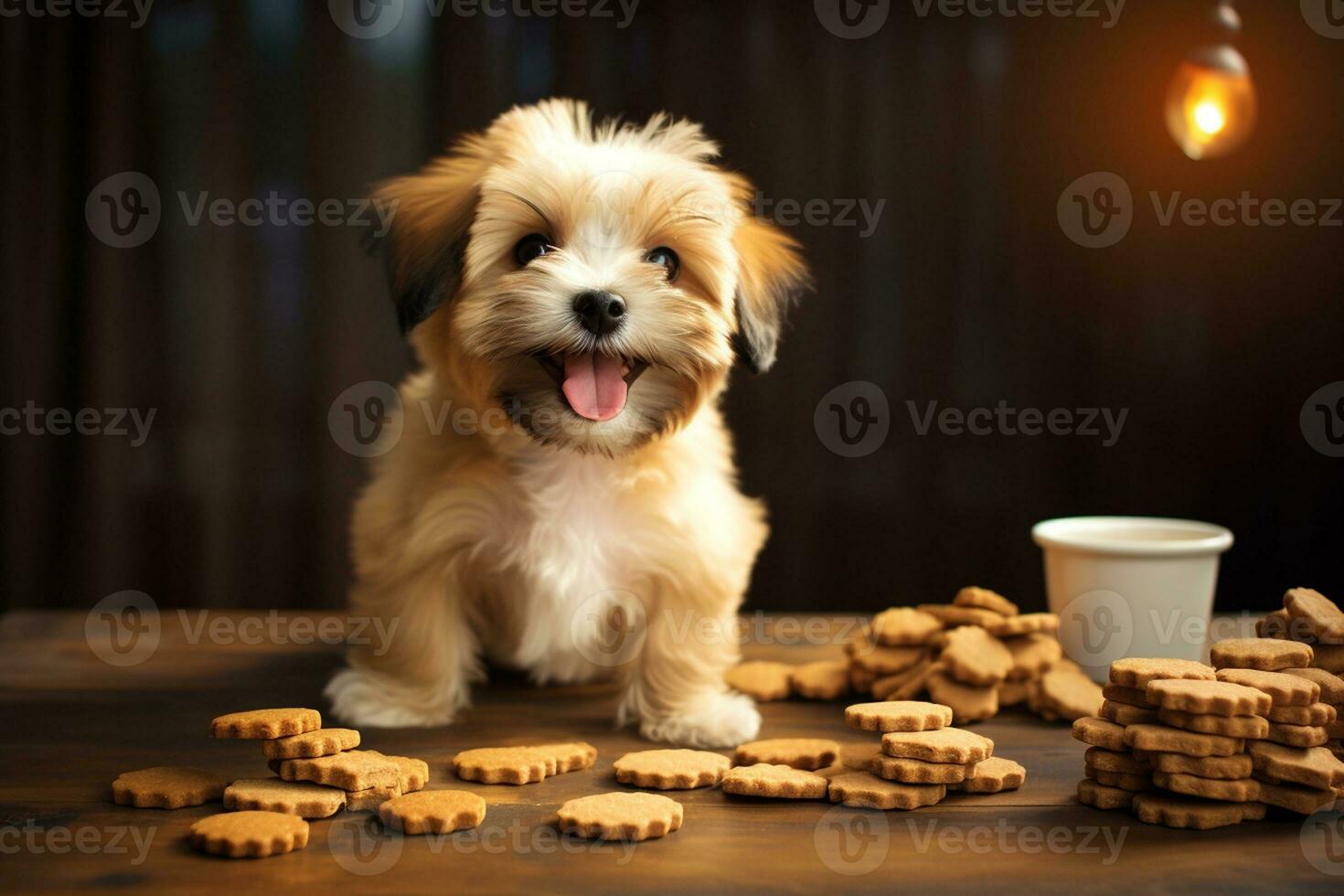 AI generated Funny Little Pup by the Wooden Table with a Book. photo