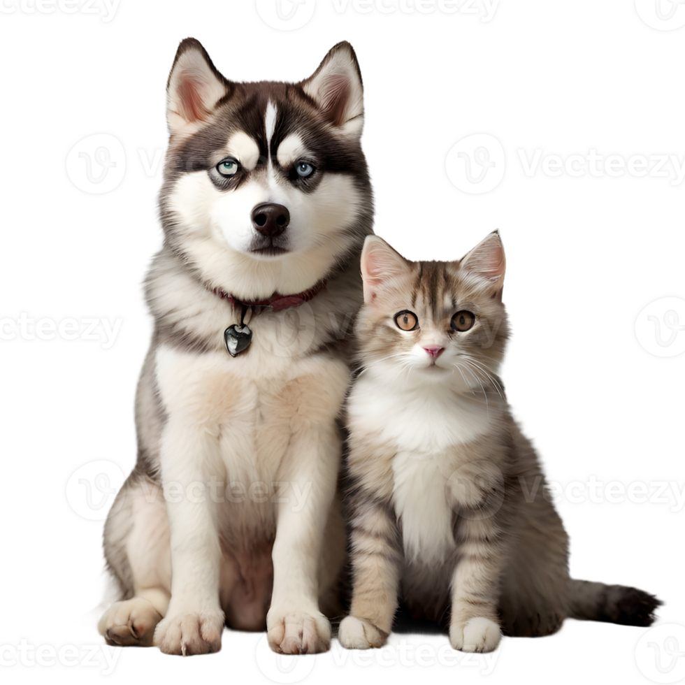 AI generated a husky and a cat sitting together png