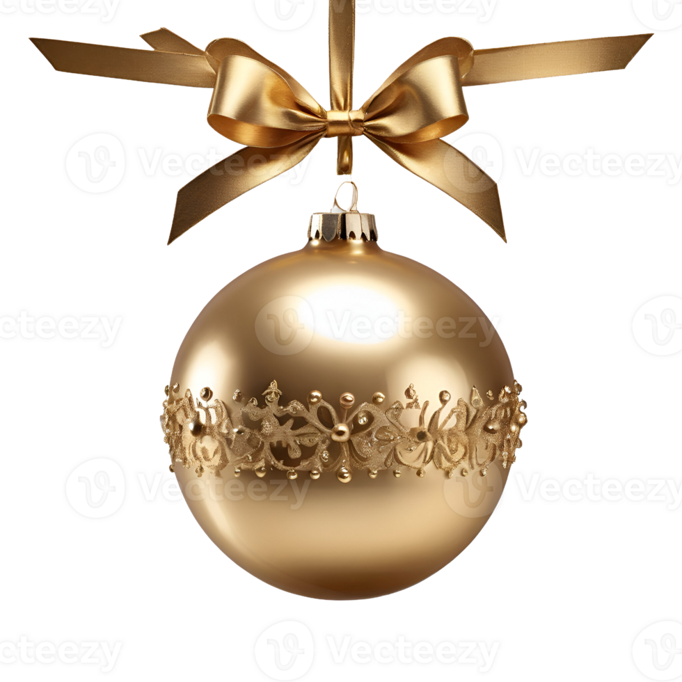 AI generated gold christmas ball with ribbon and bow on transparent background png
