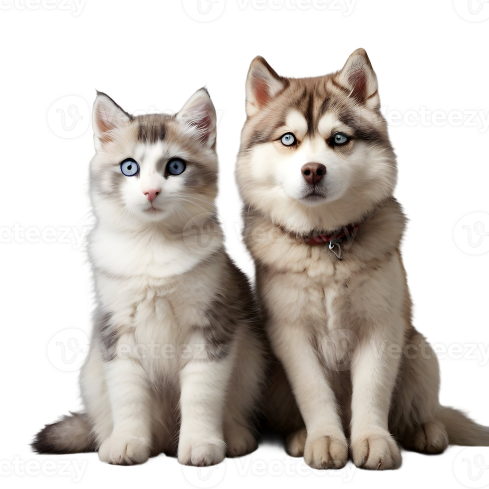 AI generated husky dog and cat sitting next to each other on transparent background png