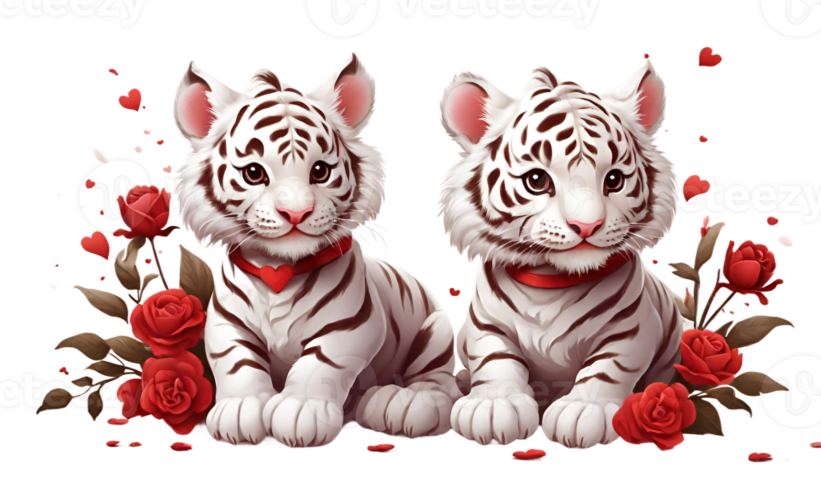 AI generated two white tiger cubs with red roses on a transparent background png