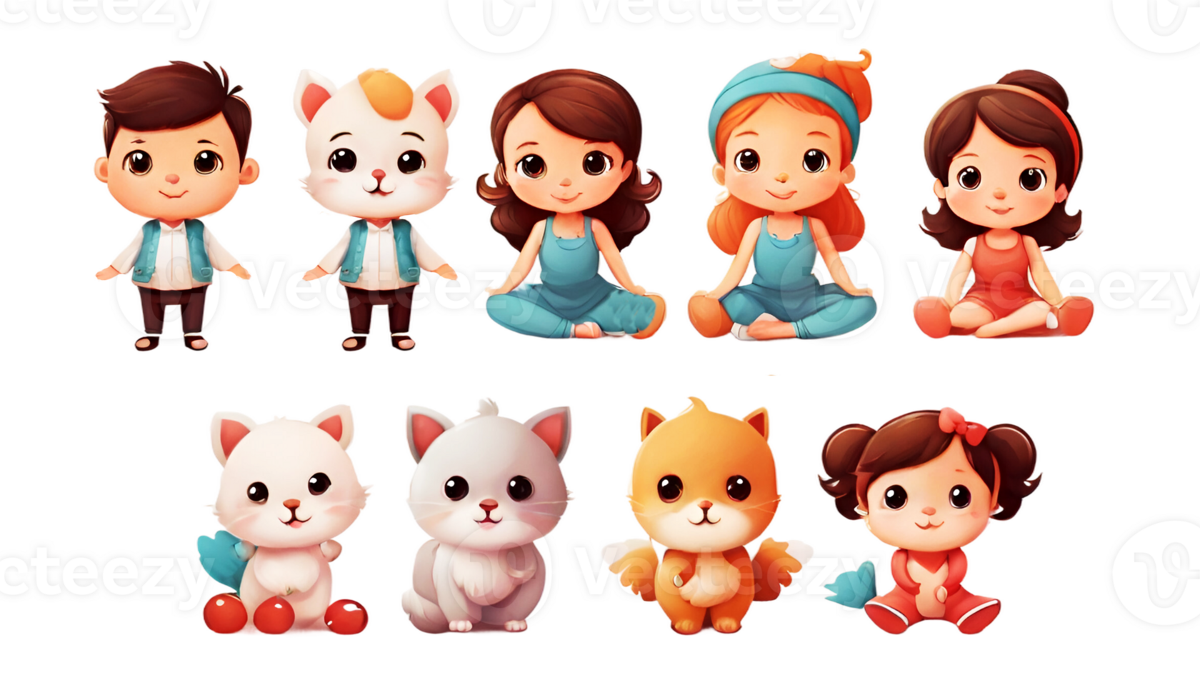 AI generated cartoon children and animals on transparent background png