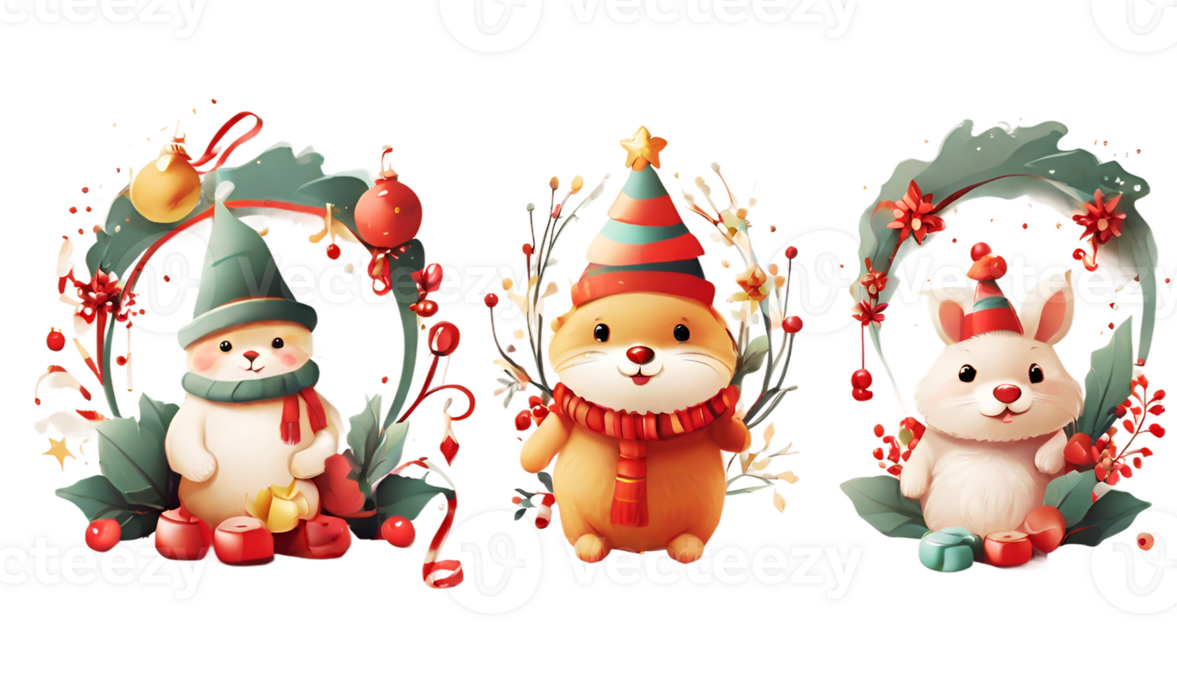 AI generated christmas cartoon animals with wreaths and decorations png