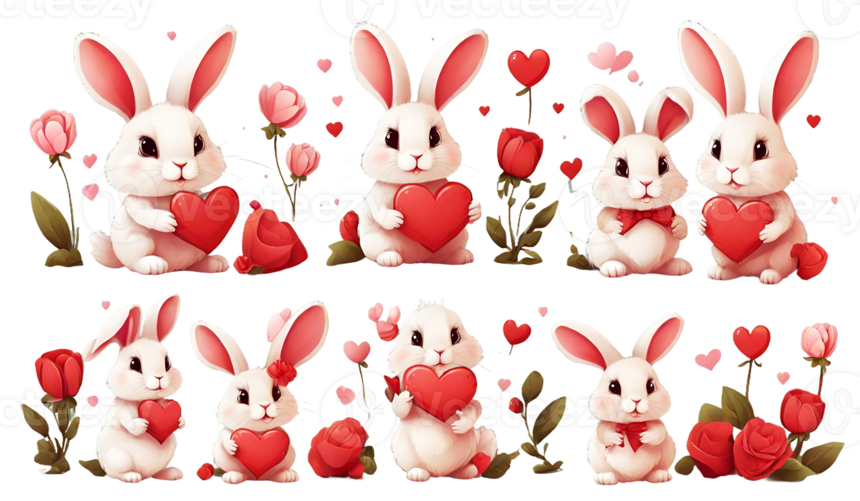 AI generated valentine's day clipart set of cute rabbits holding hearts png