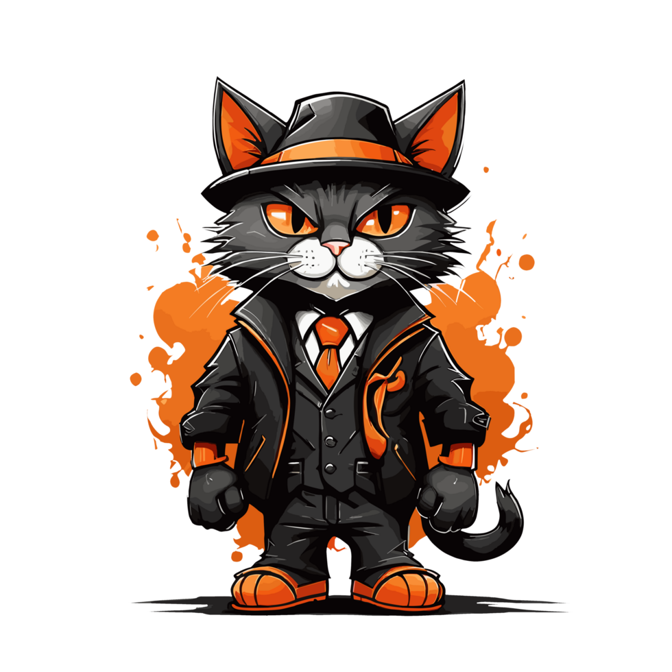 AI generated Cute mafia Cat character cartoon illustration, clear background free PNG