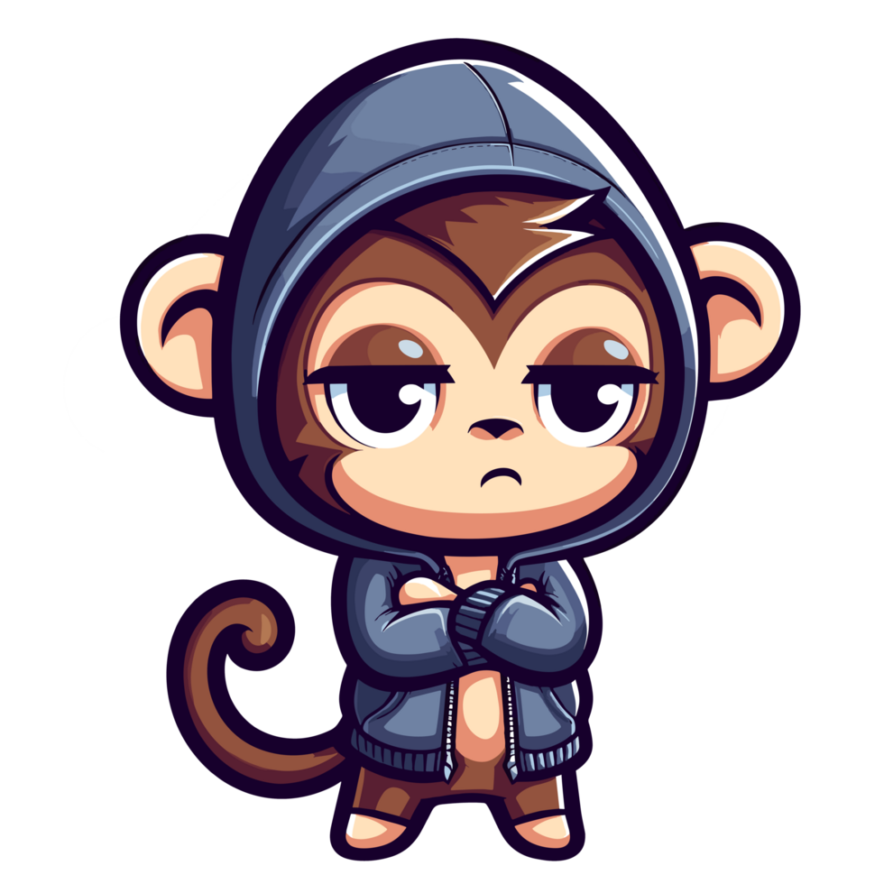 AI generated cute monkey cartoon illustration, cartoon monkey wearing a beanie sweater, sticker design, clean background png