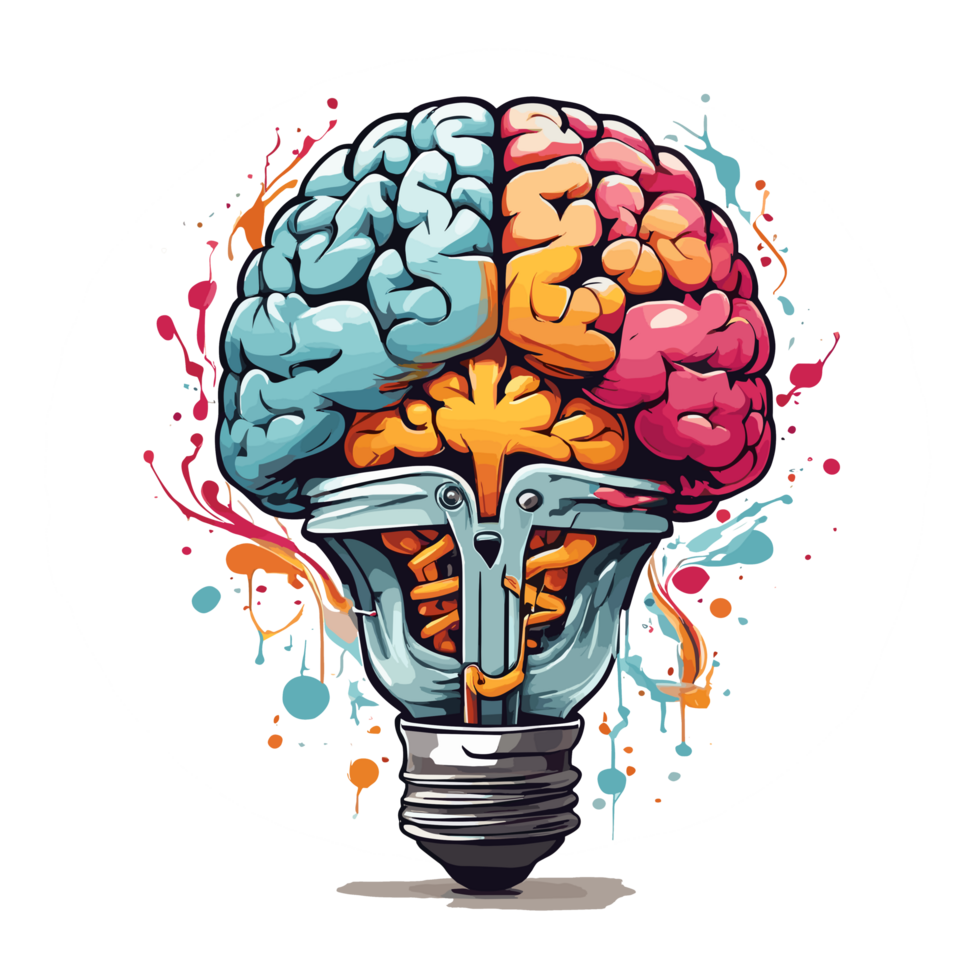 AI generated Graffiti Lamp bulb with human brain inside. Idea generation, brainstorm concept png