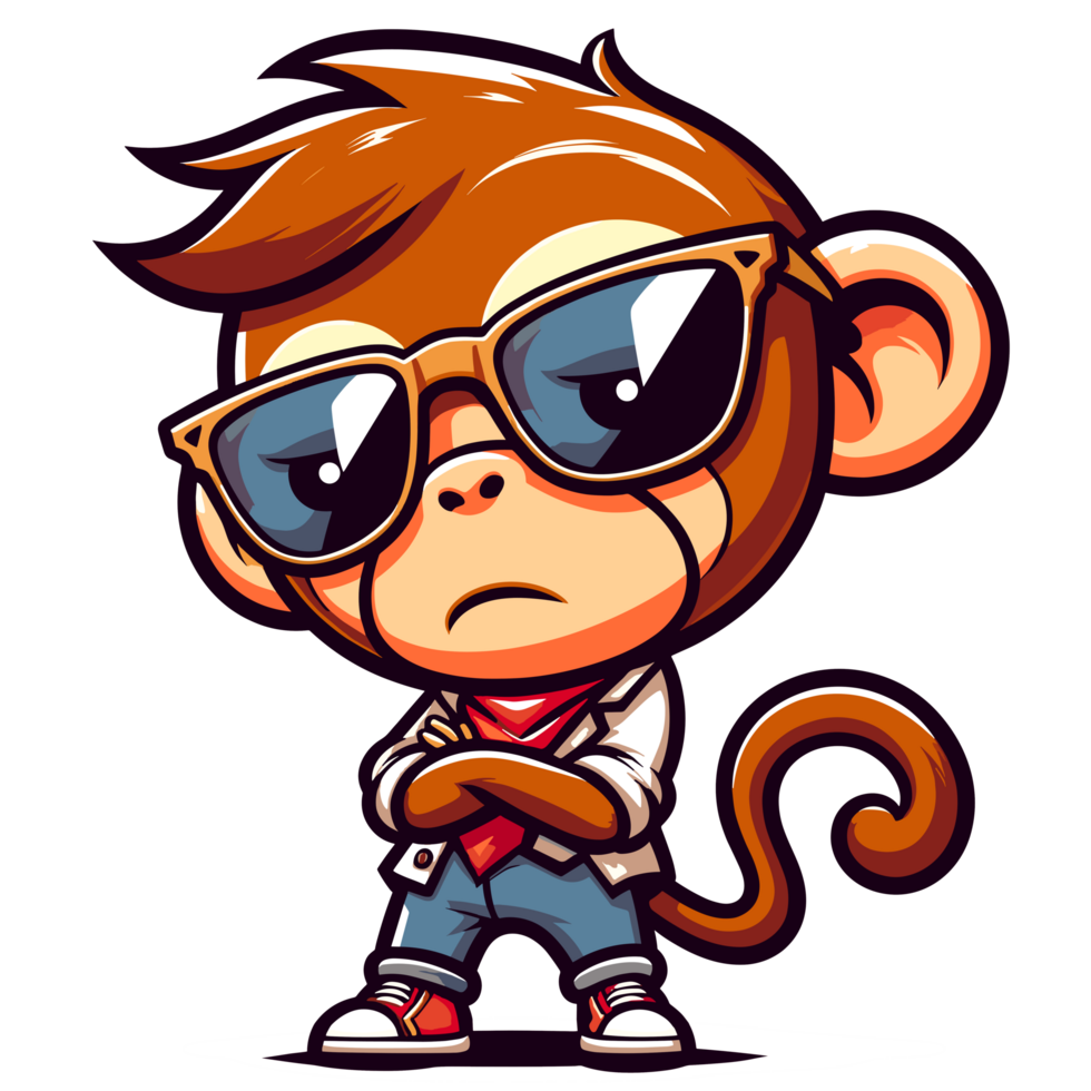 AI generated cute monkey cartoon illustration, wearing glasses, cool and arrogant style, sticker design, clean background png