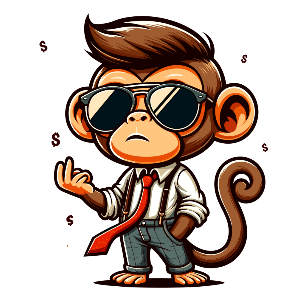 AI generated illustration of cute monkey cartoon, wearing tie and glasses, cool style, sticker design, clean background png