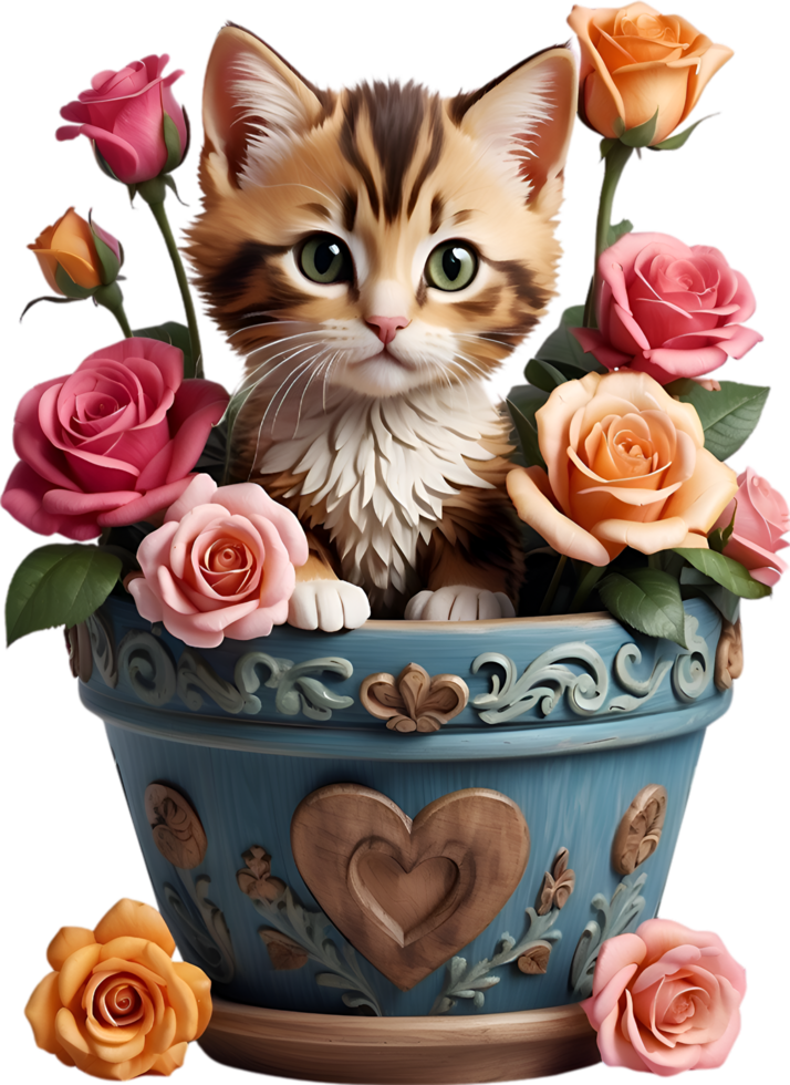AI generated Cute kitten in a flower pot. AI-Generated. png