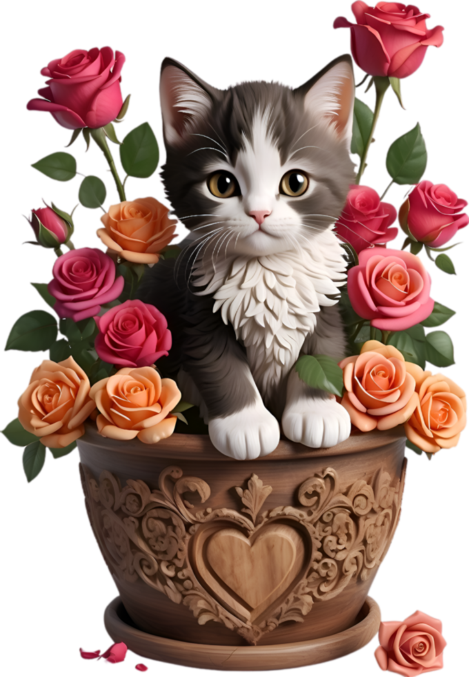 AI generated Cute kitten in a flower pot. AI-Generated. png