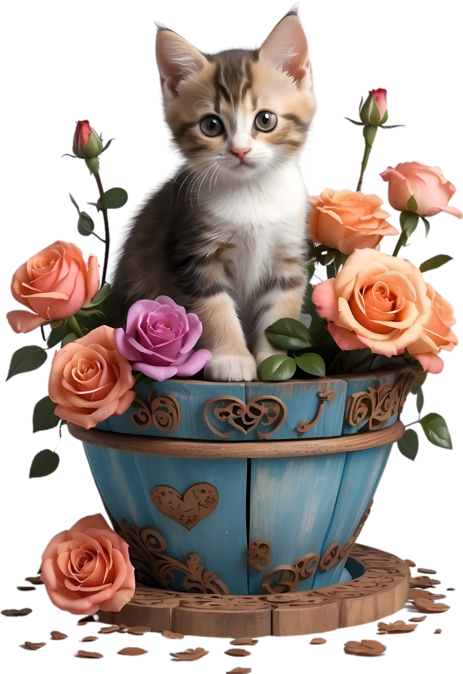 AI generated Cute kitten in a flower pot. AI-Generated. png