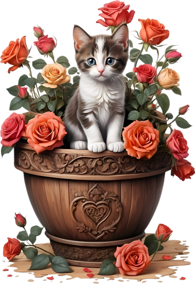 AI generated Cute kitten in a flower pot. AI-Generated. png