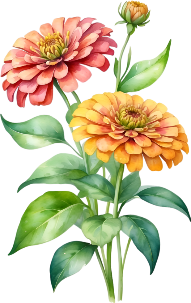 AI generated Watercolor painting of Zinnia flower. Illustration of flowers. AI-Generated. png