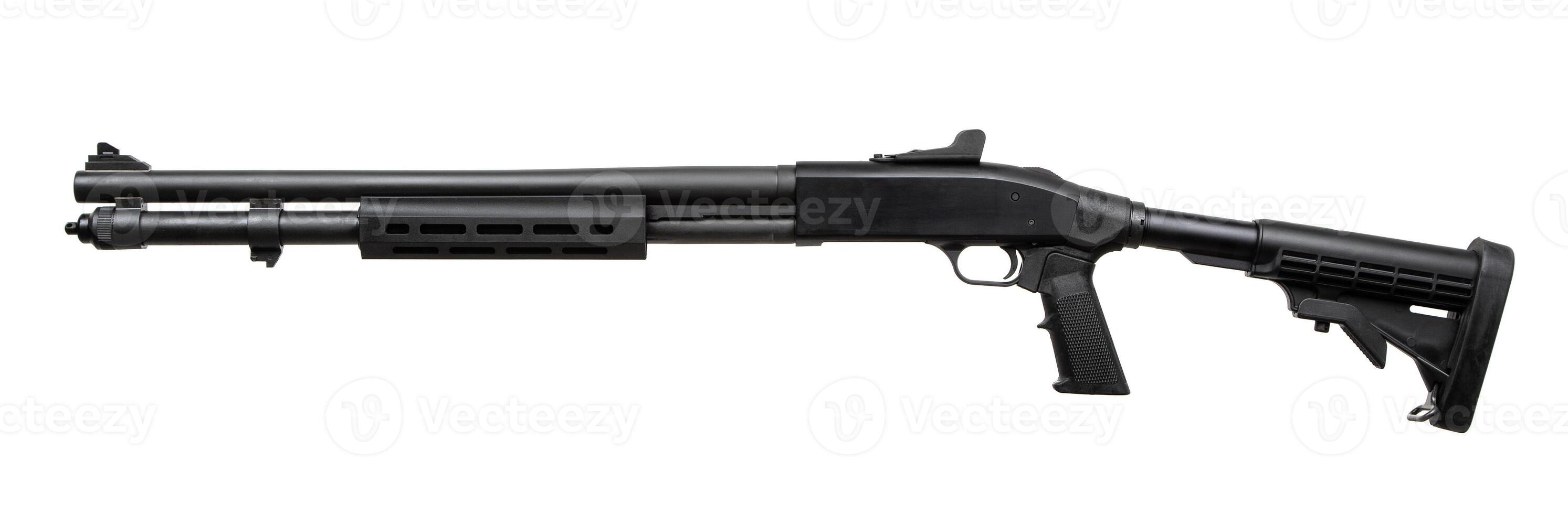 Pumpaction 12 gauge shotgun isolated on a white background. Additional