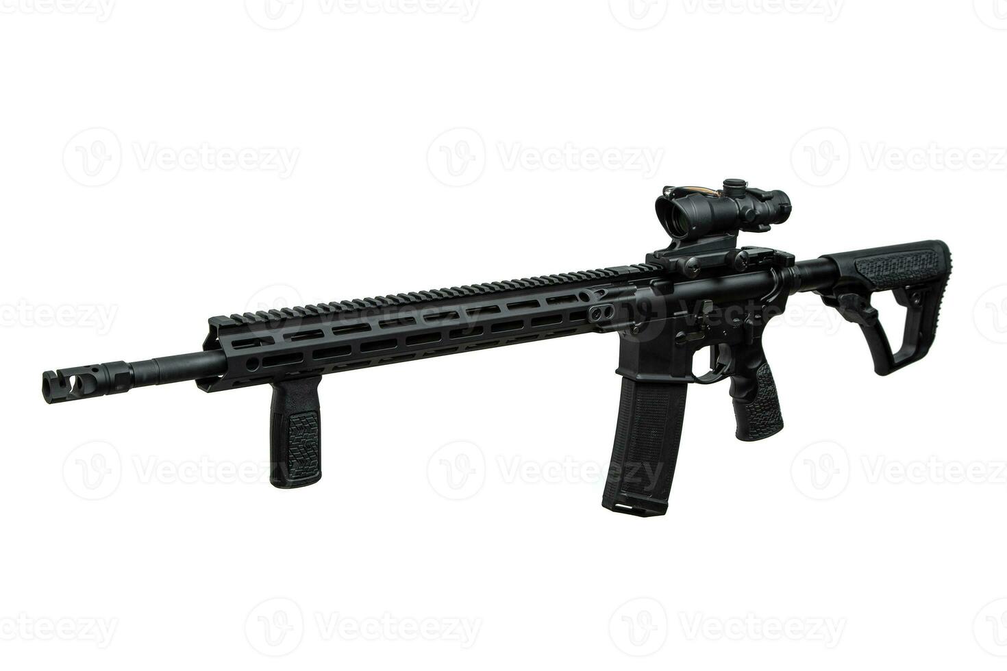 Modern automatic rifle isolated on white background. Weapons for police, special forces and the army. A carbine with red dot sight on a white back photo