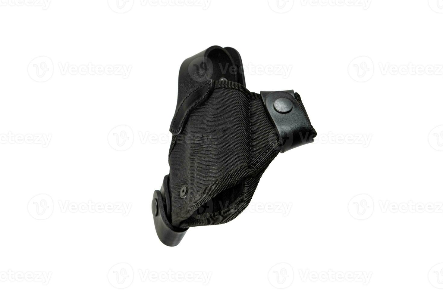 Holster for a pistol. Accessory for convenient and concealed carrying of weapons. Holster made of synthetic material and leather. View from all sides. Isolate on a white back photo