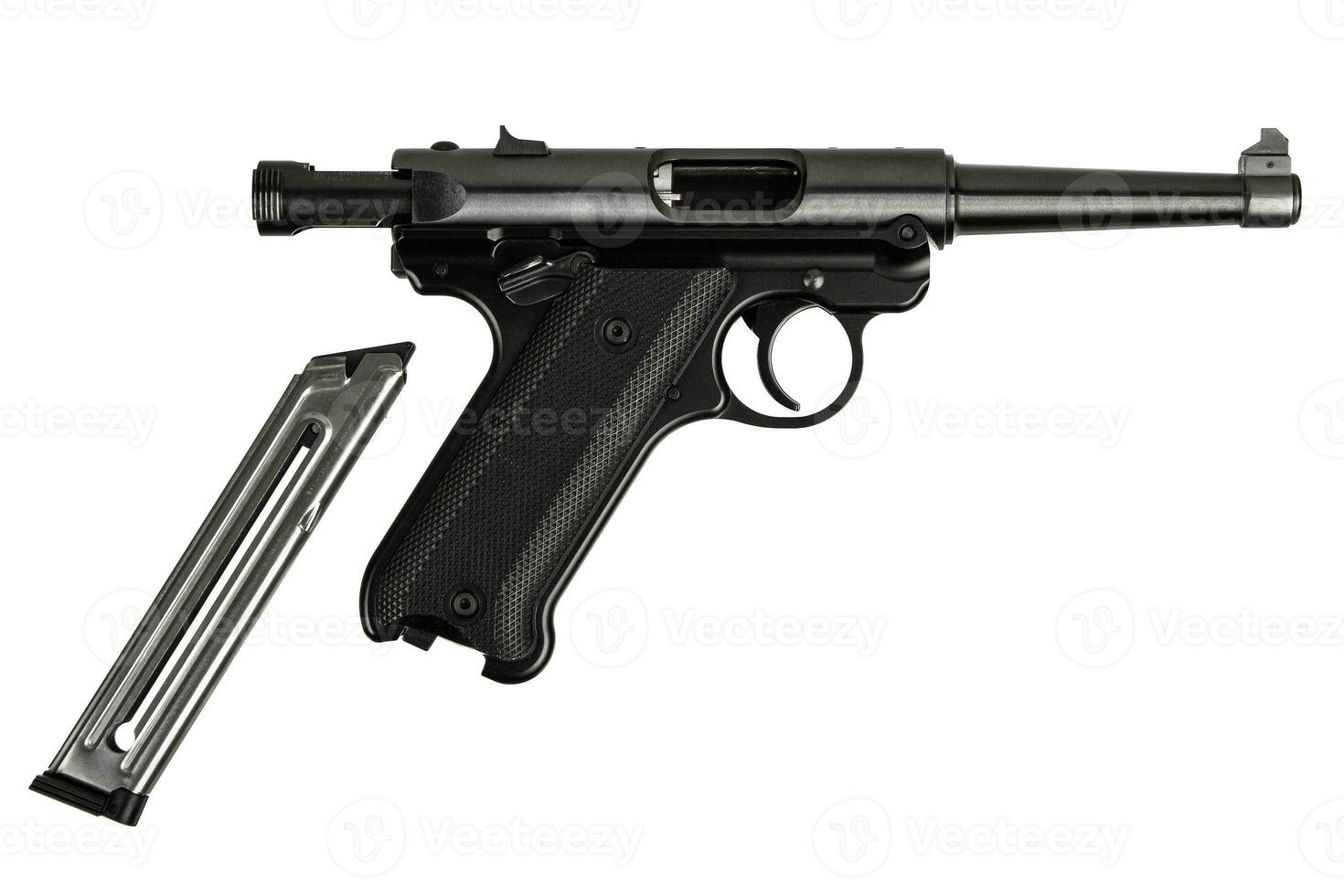 Classic semi-automatic pistol .22lr  isolate on a white background. Short-barreled weapon. Armament for the army and police. photo