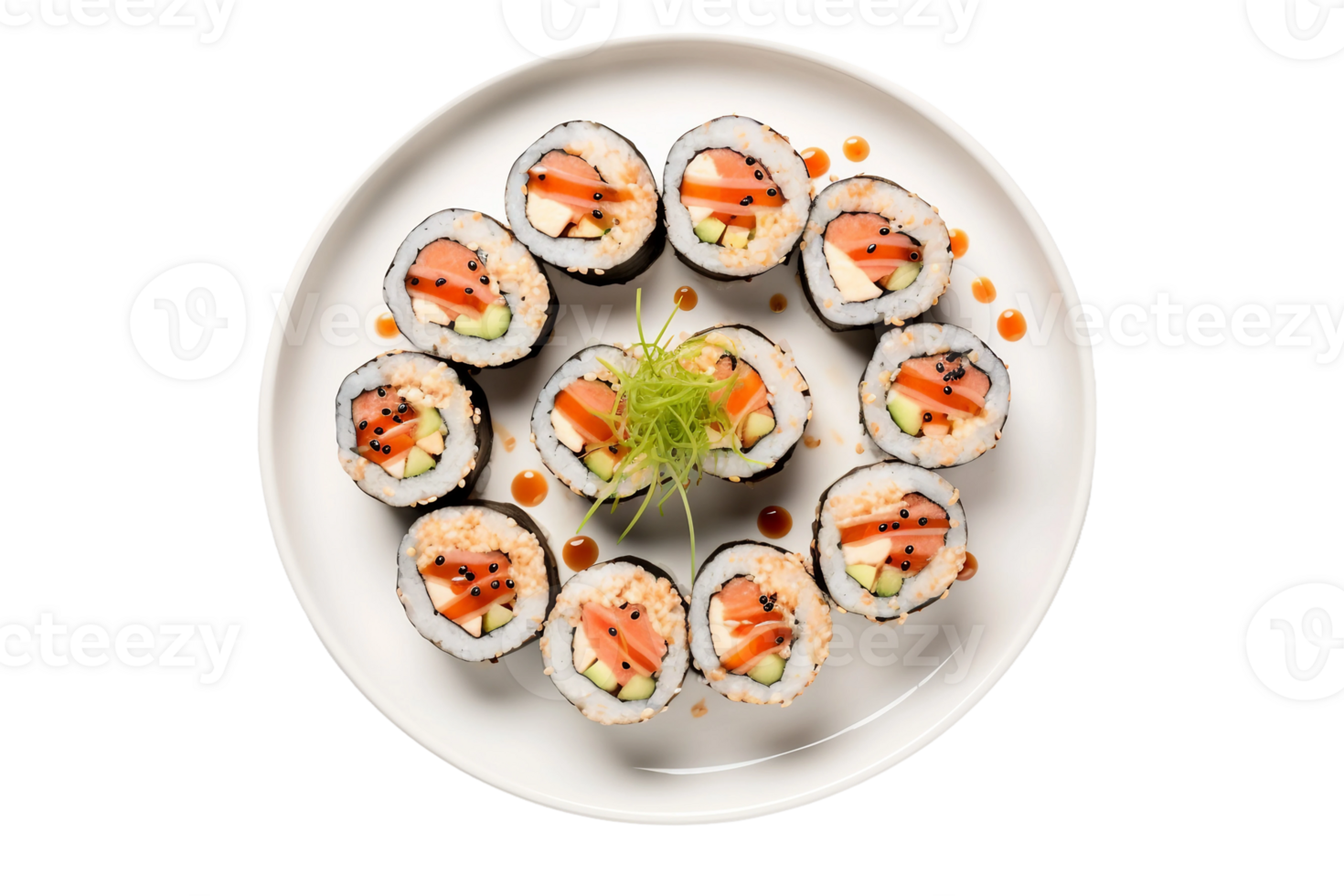 AI generated Sushi Rolls on a White Plate Isolated on Transparent Background. png