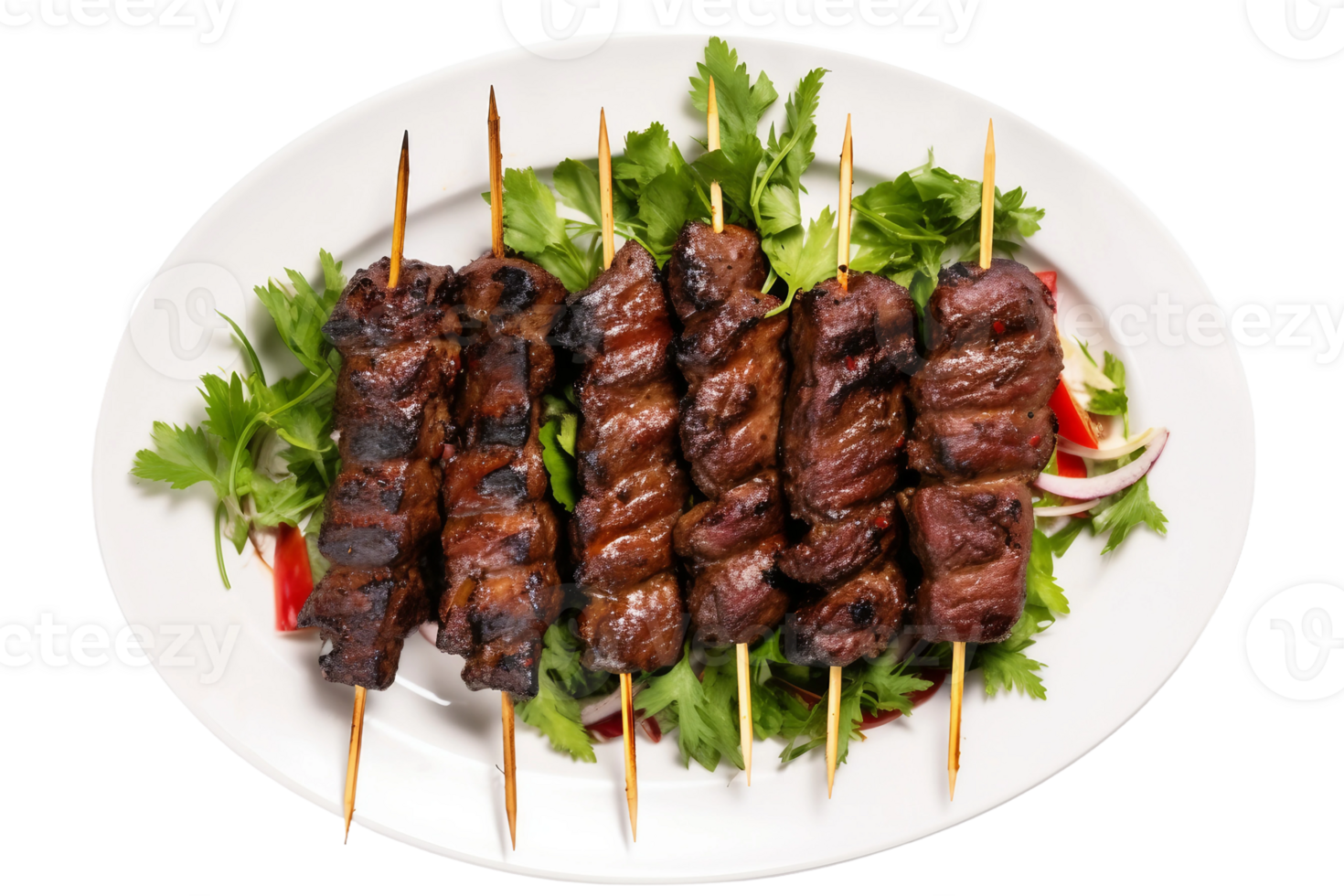 AI generated Beef Kofta Skewers on a White Plate Isolated on Transparent Background. png
