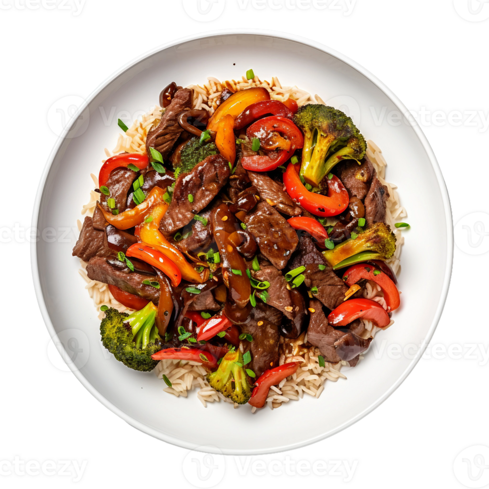 AI generated Beef Stir-Fry on a White Plate on Transparent Background. png