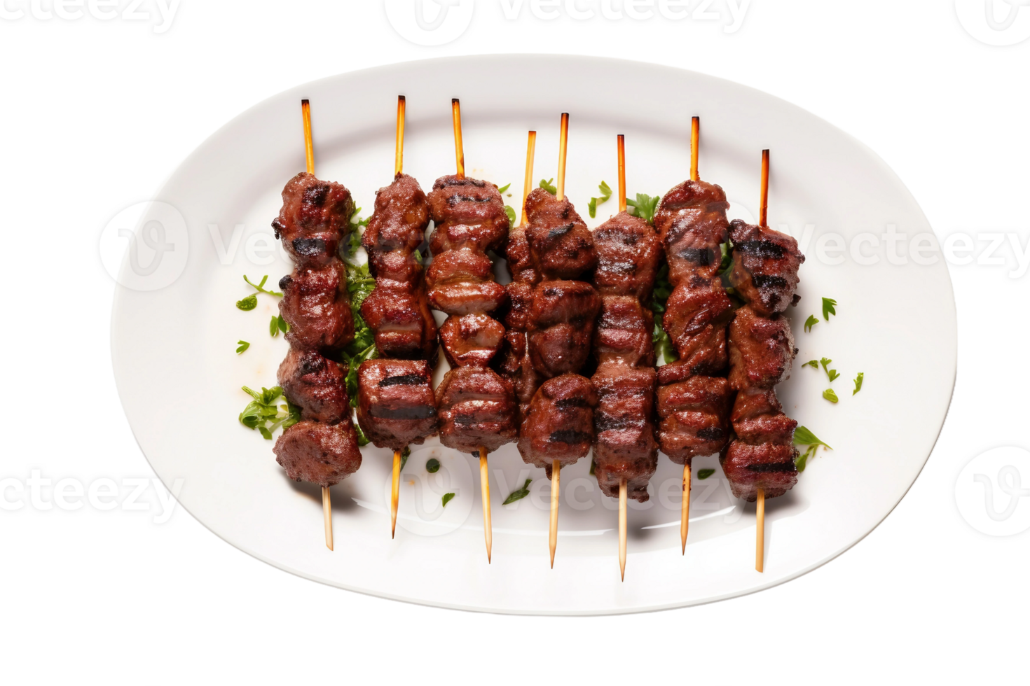 AI generated Beef Kofta Skewers on a White Plate Isolated on Transparent Background. png