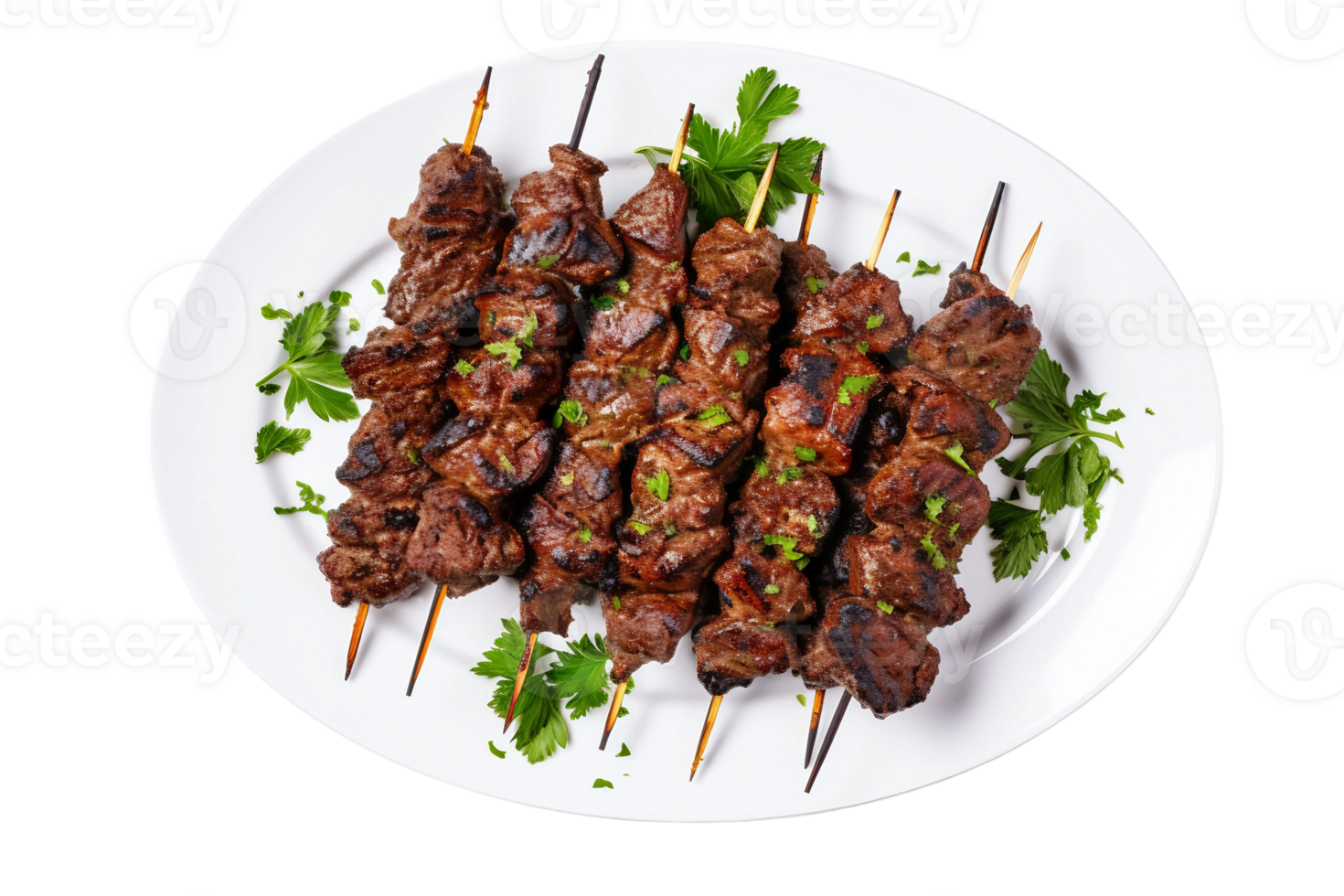 ai généré du boeuf kofta brochettes sur une blanc assiette isolé sur transparent Contexte. png