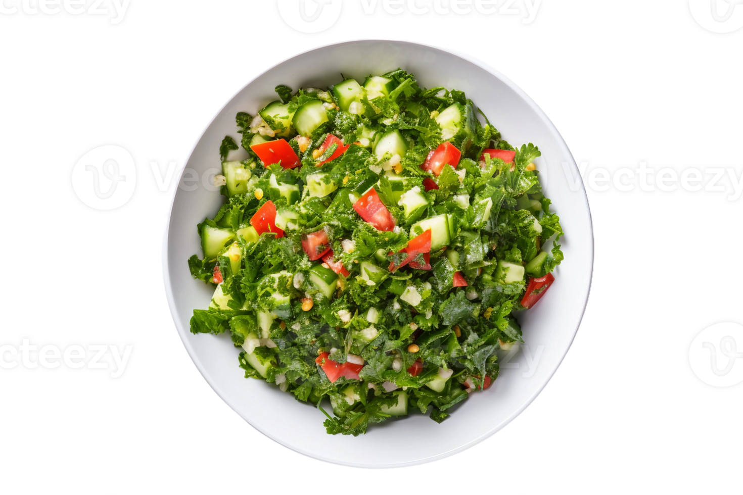 ai generato piccante tabbouleh insalata nel un' bianca piatto isolato su trasparente sfondo. png