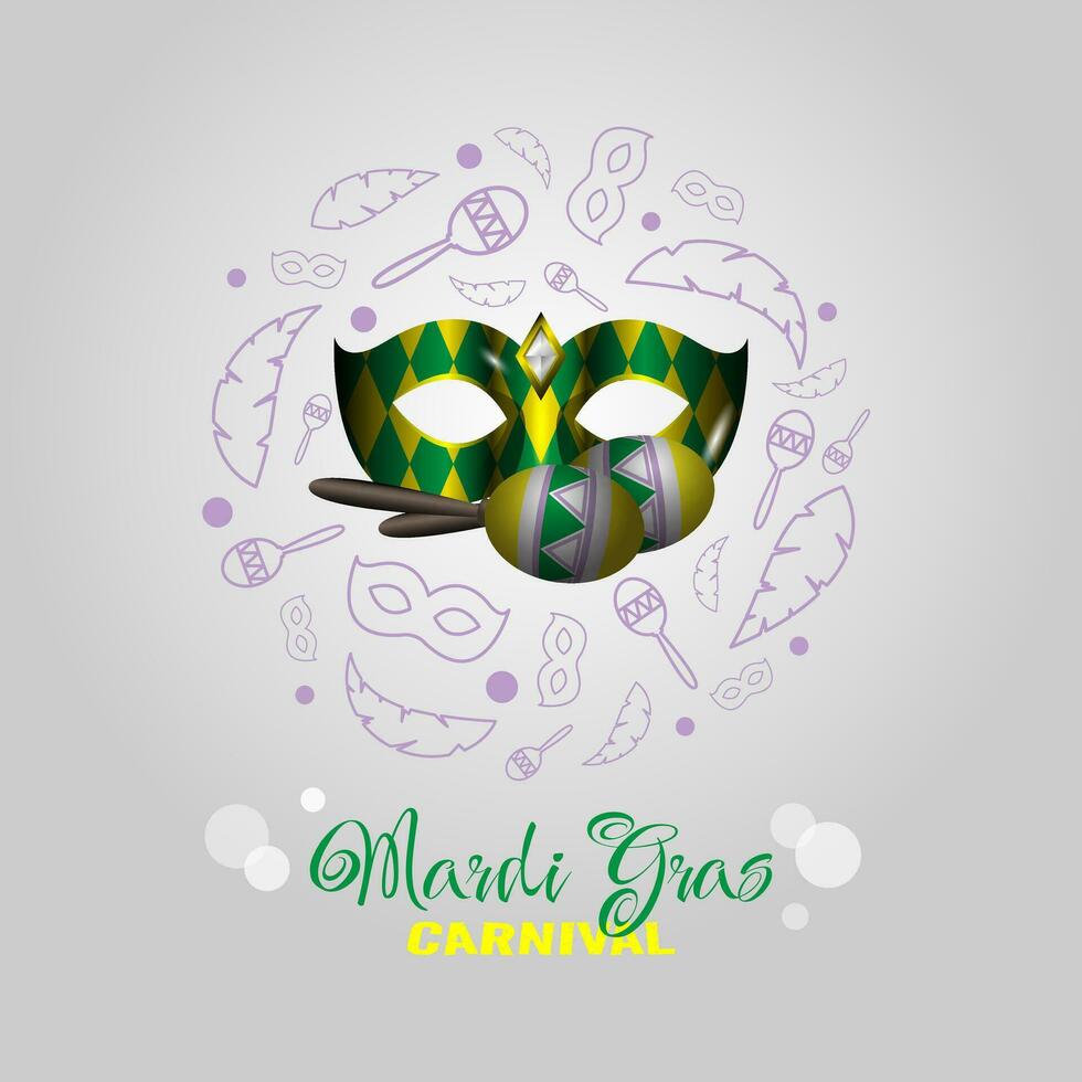 mardi gras póster con un máscara y maracas rodeado por mardi gras elementos en contorno estilo vector