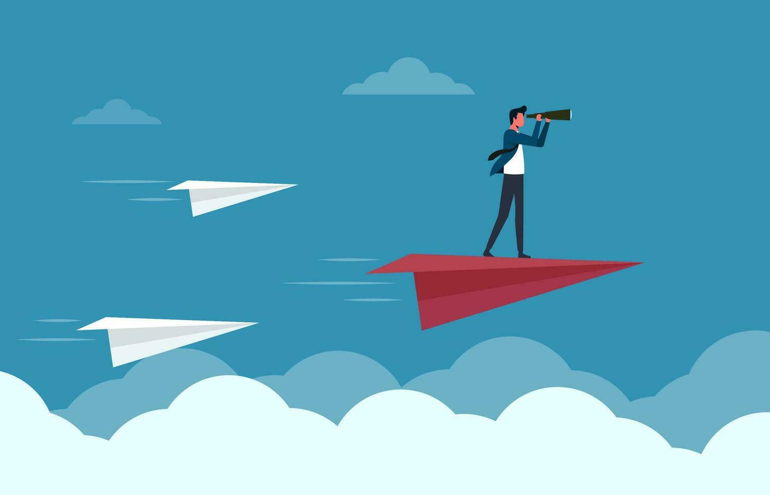 Business leadership concept. Confident businessman forecasting strategy solution with spyglass flying on paper planes. teamwork, growth and progress to be success vector