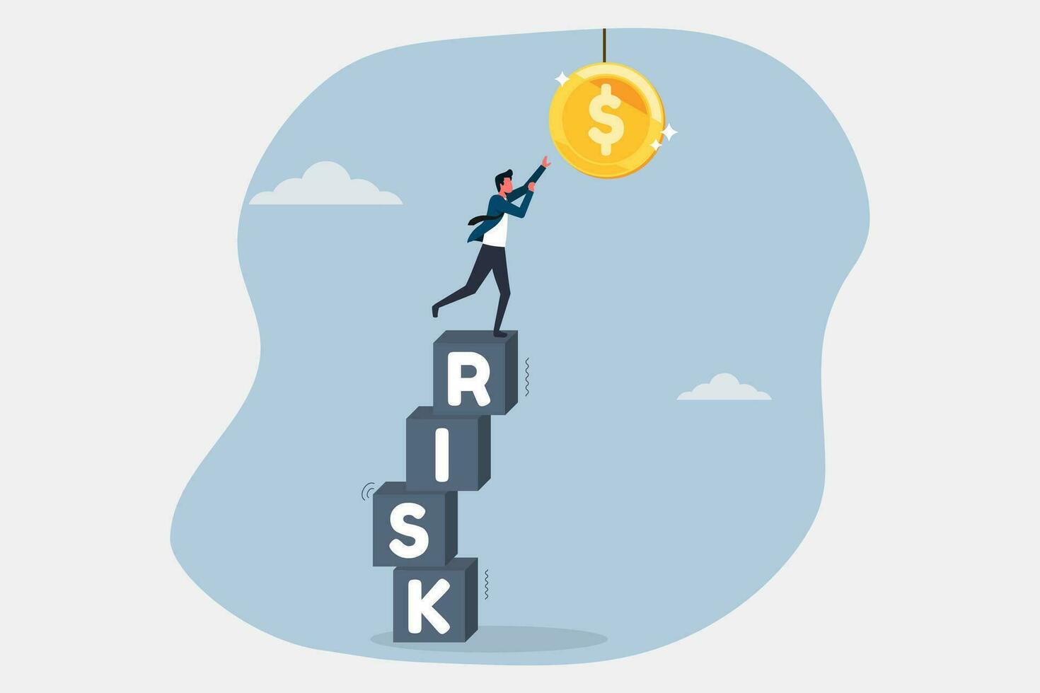 High risk high return concept, businessman stand on stacks of risk boxes to get reward, prospects of higher return in higher risk vector