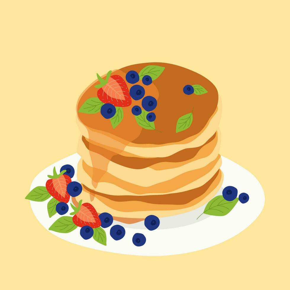 Plate with pancakes and berries, blueberries and strawberries, Maslenitsa, good morning. vector