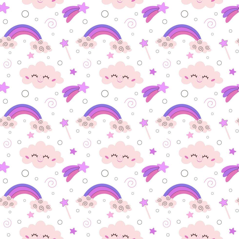 Cute magic sky clouds and stars seamless pattern and fairy tale objects, fantasy characters. Fabulous background for children textiles, wallpapers, cute cloud, sleep and dreams. vector