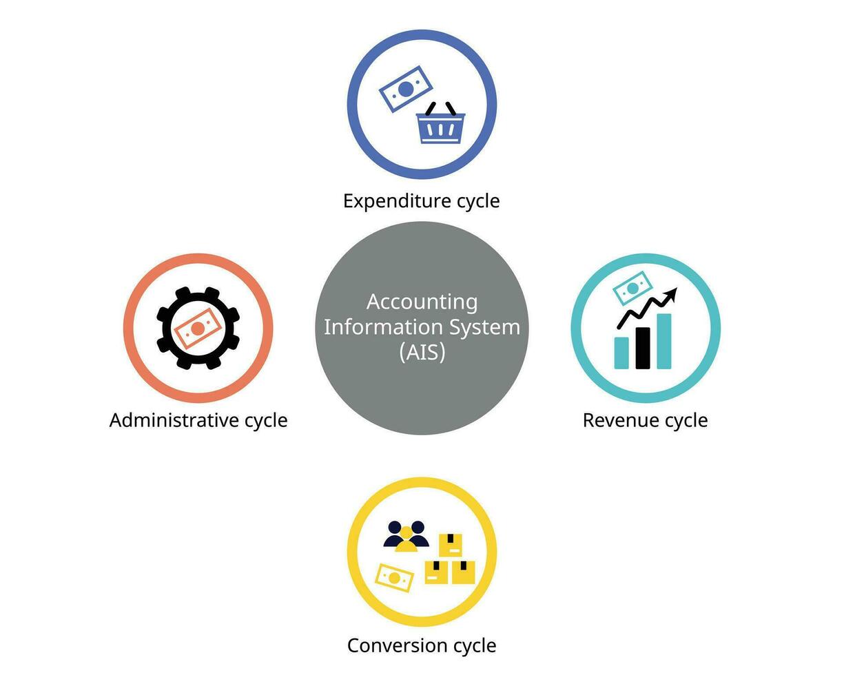 accounting transaction cycle with Expenditure cycles, revenue, conversion and administrative cycle vector