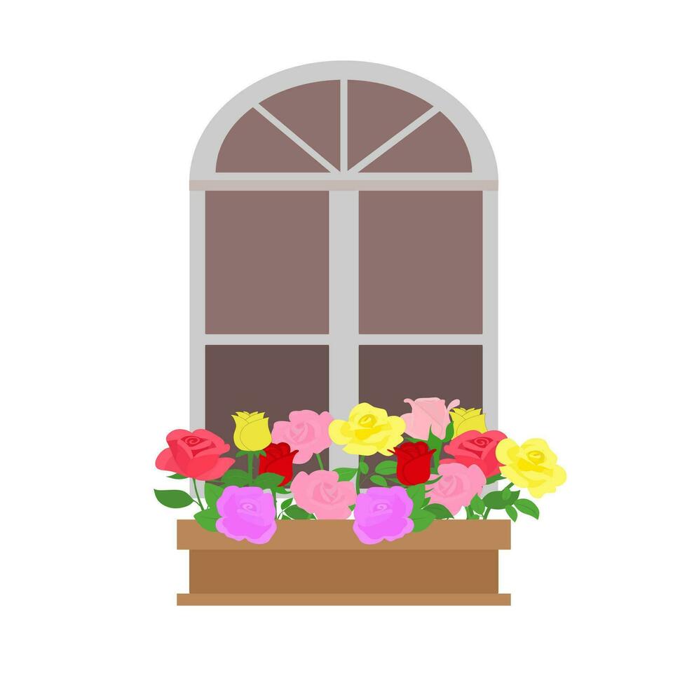 Window And Balcony Flower Box With Roses vector