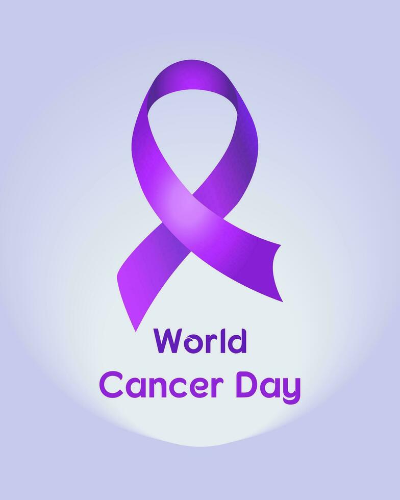 World Cancer Day poster with realistic violet ribbon on light lavender background. vector
