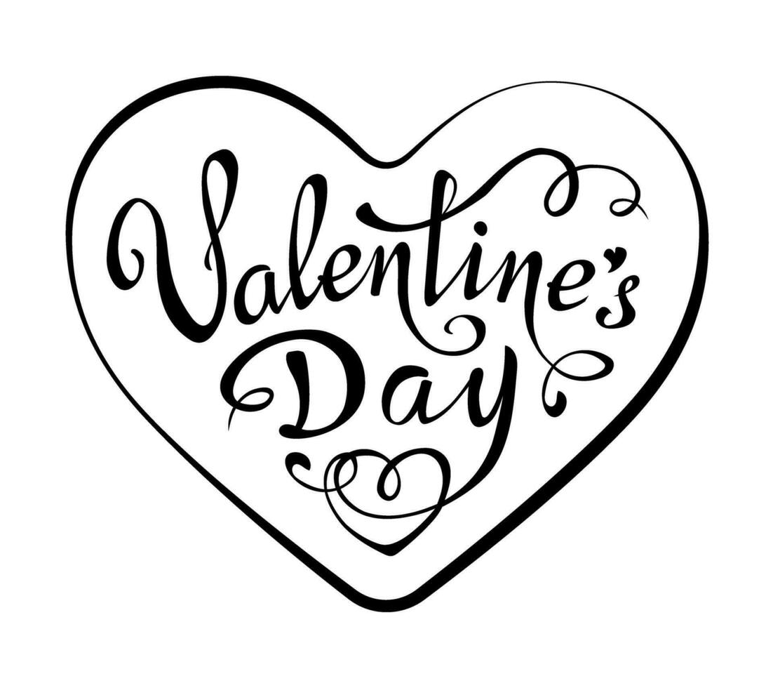 Valentines Day lettering with heart. Hand written black calligraphy text isolated on white background. vector