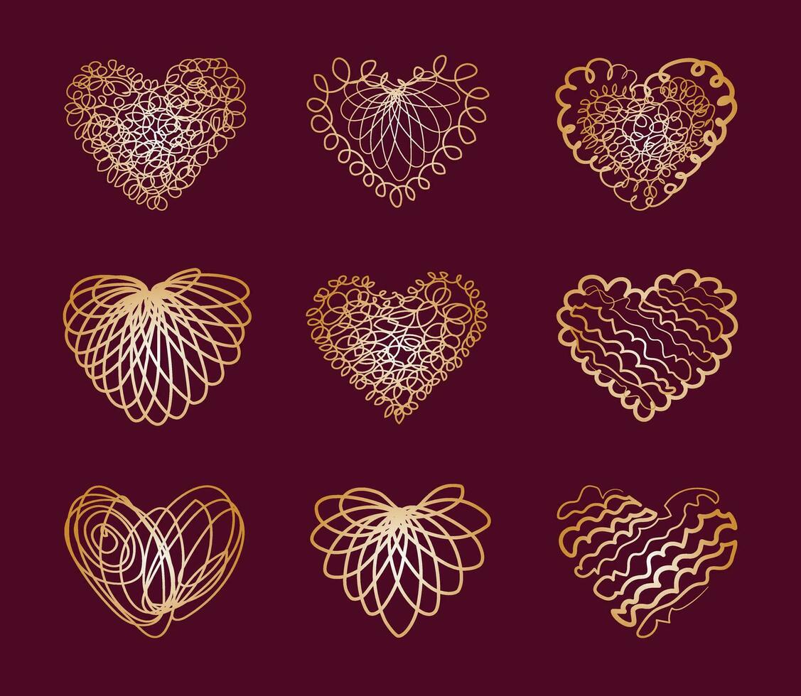 Set of gold vintage hearts with curls. Vector collection of isolated design elements