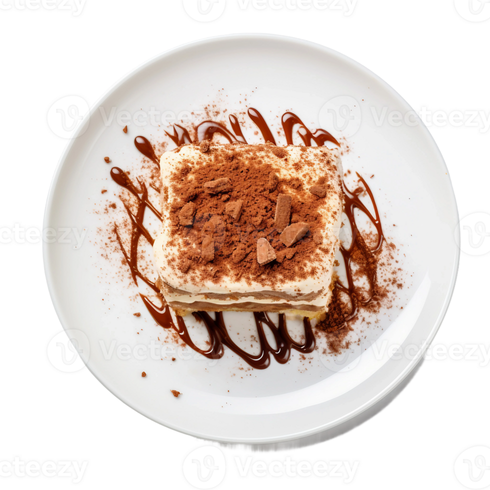 ai generato Tiramisù dolce su un' bianca piatto su trasparente sfondo. png