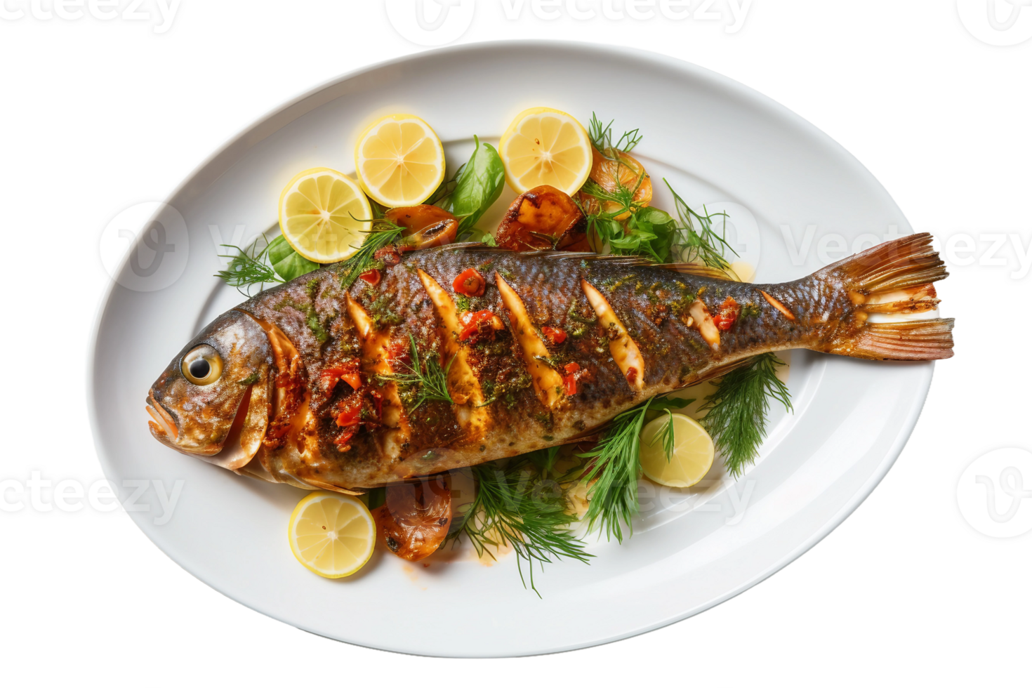 AI generated Grilled Fish with Herbs on a White Plate Isolated on Transparent Background. png