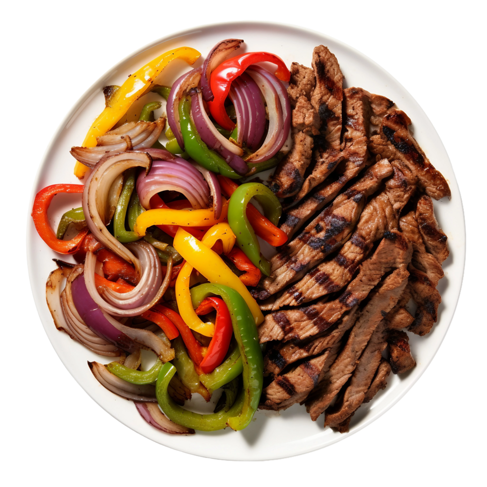 ai gegenereerd gegrild steak fajitas met paprika's en uien Aan transparant achtergrond. png