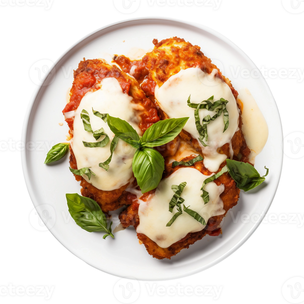 AI generated Chicken Parmesan on a White Plate on Transparent Background. png