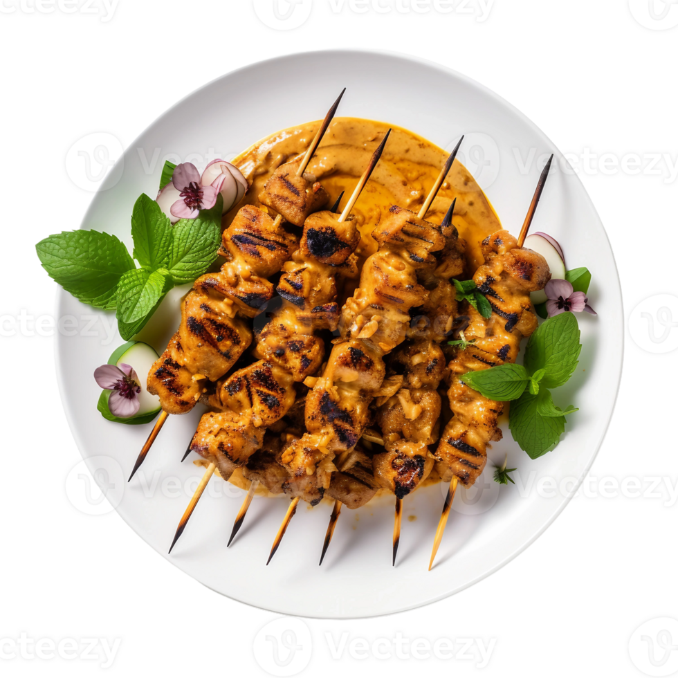 AI generated Chicken Satay on a White Plate on Transparent Background. png