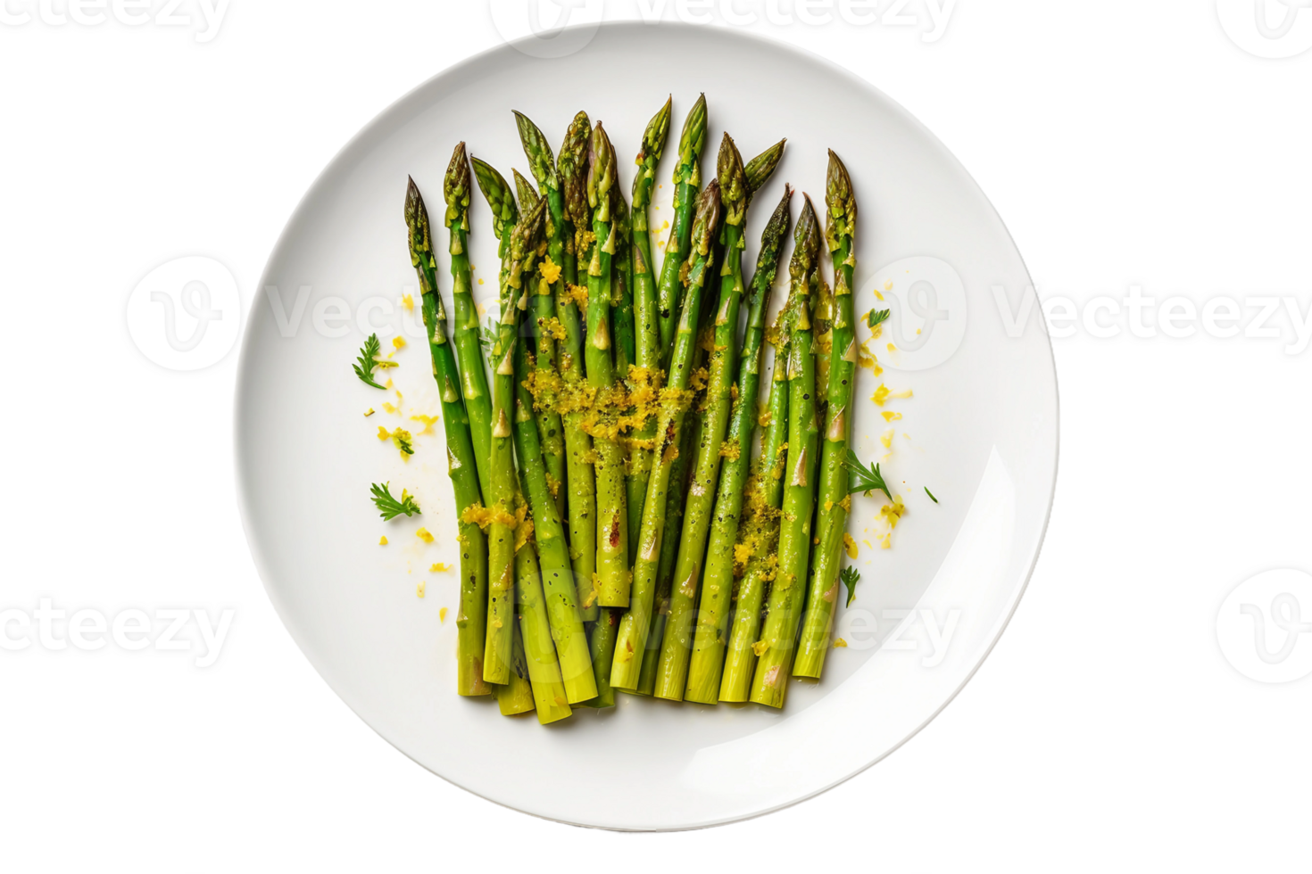 AI generated Grilled Asparagus on a White Plate. Transparent Background. png