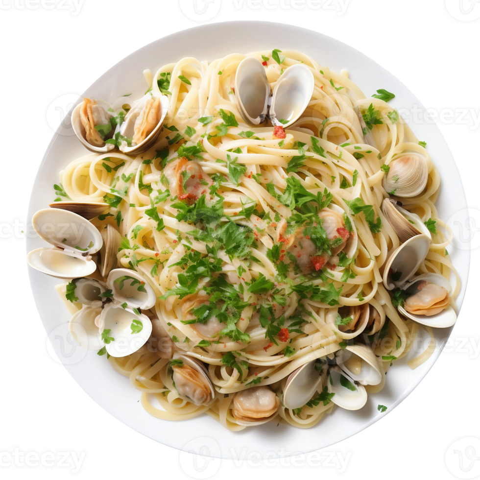 AI generated Clam Linguine on a White Plate on Transparent Background. png