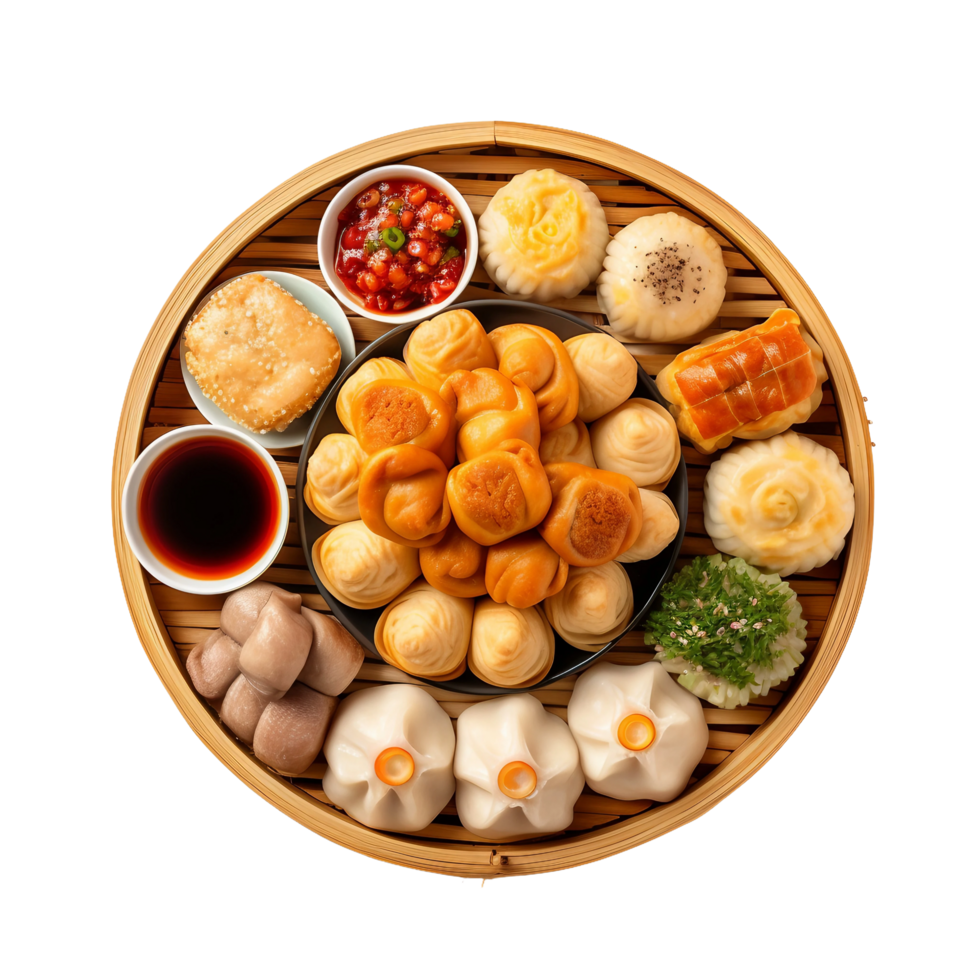 AI generated Assorted Dim Sum Platter with Dumplings and Buns on transparent background. png