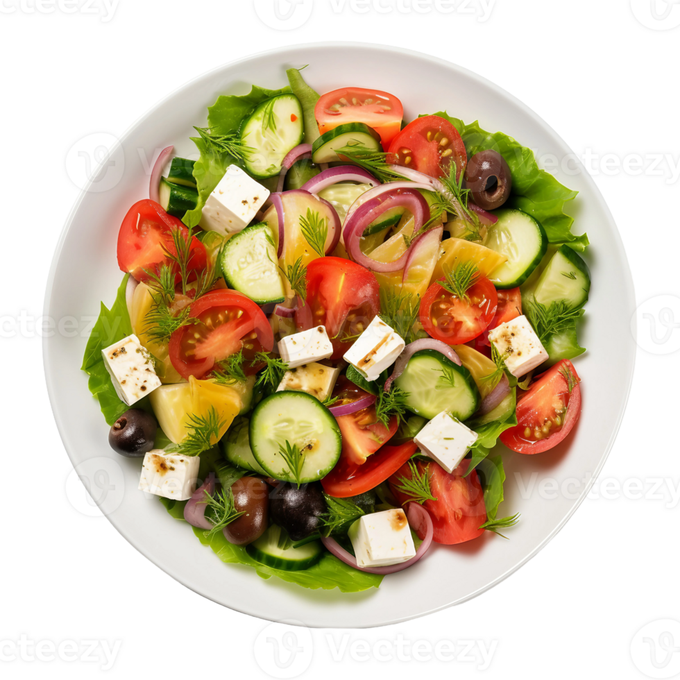 AI generated Greek Salad on a White Plate on Transparent Background. png